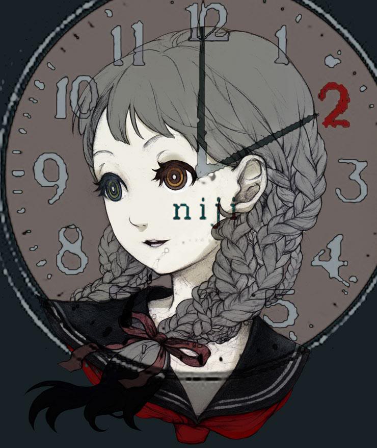analog_clock braid clock copyright_request grey_hair heterochromia niji school_uniform serafuku solo