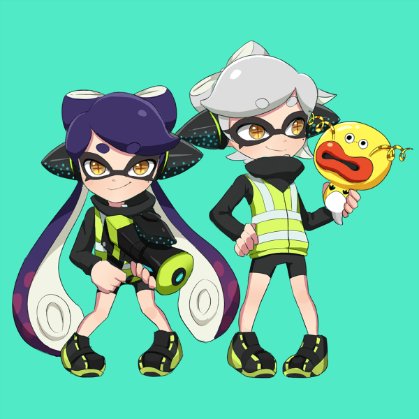 aori_(splatoon) aqua_background bad_id bad_pixiv_id brown_eyes cousins denchinamazu domino_mask hair_rings headgear hero_shot_(splatoon) hotaru_(splatoon) long_hair mask multiple_girls pointy_ears purple_hair riko_(sorube) short_hair silver_hair simple_background smile splatoon_(series) splatoon_1 squidbeak_splatoon super_soaker