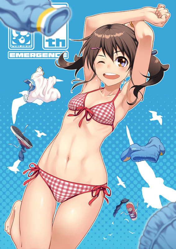 ;d aoi_sora_(pairan) armpits arms_up bangs bare_shoulders barefoot bikini bird black_hair blue_background blurry blush breasts brown_eyes clenched_hand clothes_removed converse crossed_arms depth_of_field dutch_angle front-tie_bikini front-tie_top hair_ornament hair_ribbon hairclip halftone halftone_background hips looking_at_viewer navel one_eye_closed open_mouth original outline pairan plaid plaid_bikini red_bikini ribbon ribs round_teeth seagull shoes short_hair short_twintails side-tie_bikini silhouette small_breasts smile sneakers solo stomach swimsuit teeth thigh_gap toned twintails undressing wristband