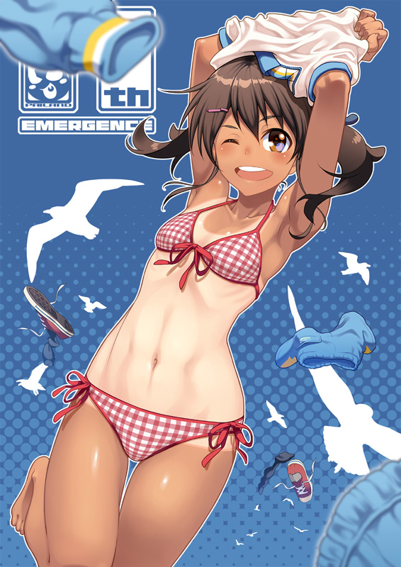 ;d aoi_sora_(pairan) armpits arms_up bangs bare_shoulders barefoot bikini bird black_hair blue_background blurry blush breasts brown_eyes clenched_hand clothes_removed converse crossed_arms depth_of_field dutch_angle front-tie_bikini front-tie_top hair_ornament hair_ribbon hairclip halftone halftone_background hips looking_at_viewer navel one-piece_tan one_eye_closed open_mouth original outline pairan plaid plaid_bikini red_bikini ribbon ribs round_teeth seagull shirt shirt_lift shoes short_hair short_twintails side-tie_bikini silhouette small_breasts smile sneakers solo swimsuit tan tanline teeth thigh_gap toned twintails undressing