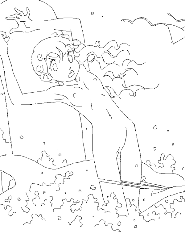arms_up assisted_exposure bikini bikini_pull bikini_top_removed breasts cote dolphin greyscale hot_dog inflatable_toy long_hair monochrome mouth_hold navel nipples open_mouth original sketch small_breasts solo swimsuit topless water white_background