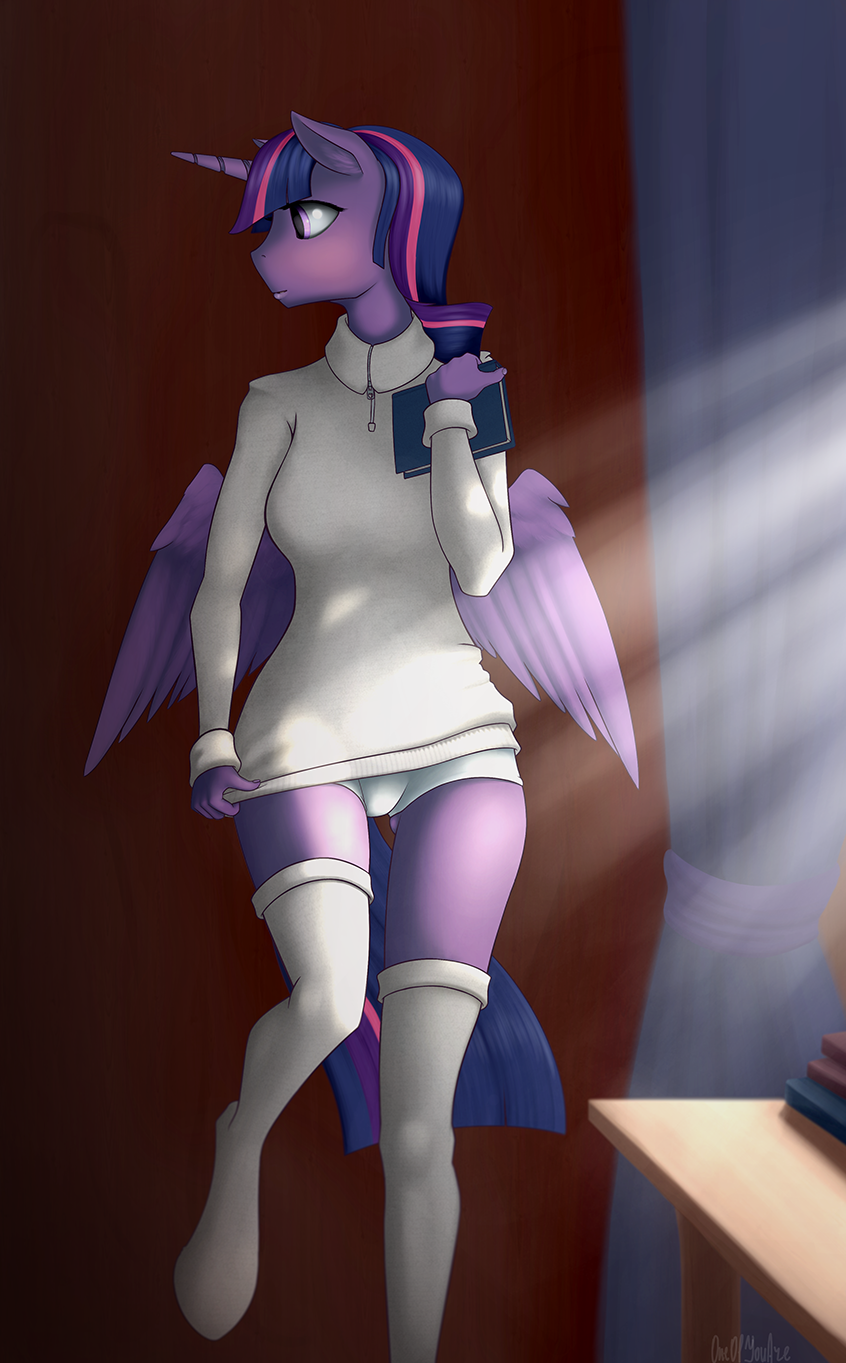anthro anthrofied blouse book clothing equine female friendship_is_magic hooves horn horse legwear mammal my_little_pony oneofyouare panties solo standing tight_clothing twilight_sparkle_(mlp) underwear winged_unicorn wings