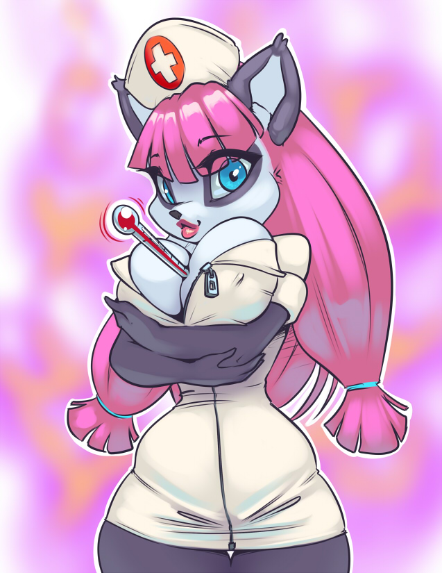 2015 anthro big_breasts blue_eyes breasts cat cleavage clothed clothing feline female fur hair hat holding_breasts mammal nurse nurse_uniform pink_hair solo thefuckingdevil thermometer white_fur