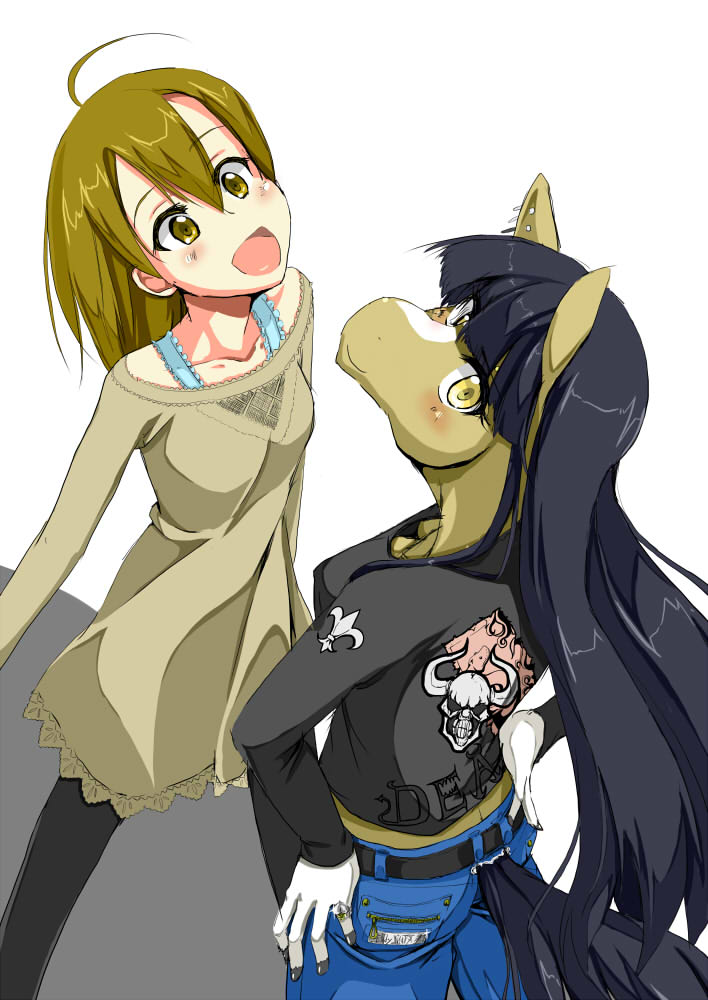 ahoge anthro black_hair blonde_hair clothed clothing duo ear_piercing equine female fleur-de-lis hair happy horse human hyo.ga jeans leather_jacket long_hair looking_at_viewer looking_back mammal open_mouth piercing skull smile yellow_eyes