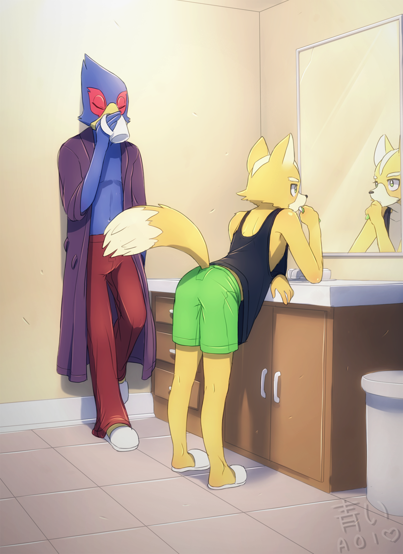 anthro aoiuchuu avian bathroom bird black_nose canine duo falco_lombardi fox fox_mccloud male mammal mirror nintendo reflection star_fox video_games