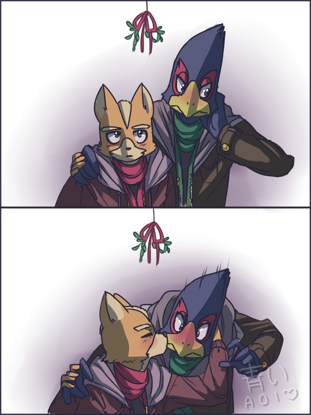 aoiuchuu avian bird blue_eyes blush canine clothing couple embarrassed falco_lombardi fox fox_mccloud green_eyes kissing male male/male mammal mistletoe nintendo plant star_fox video_games