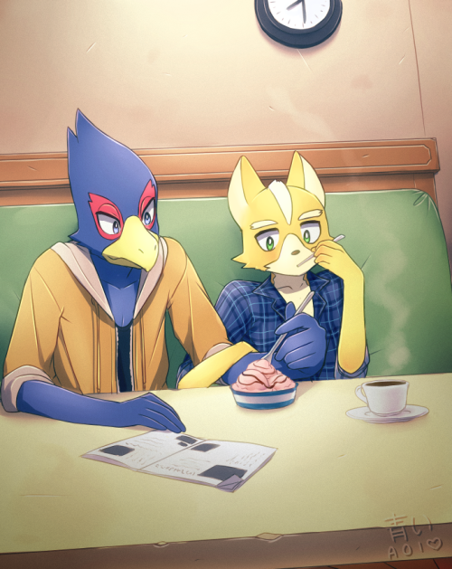 aoiuchuu avian canine clock clothing coffee couple falco_lombardi food fox fox_mccloud ice_cream mammal nintendo star_fox video_games