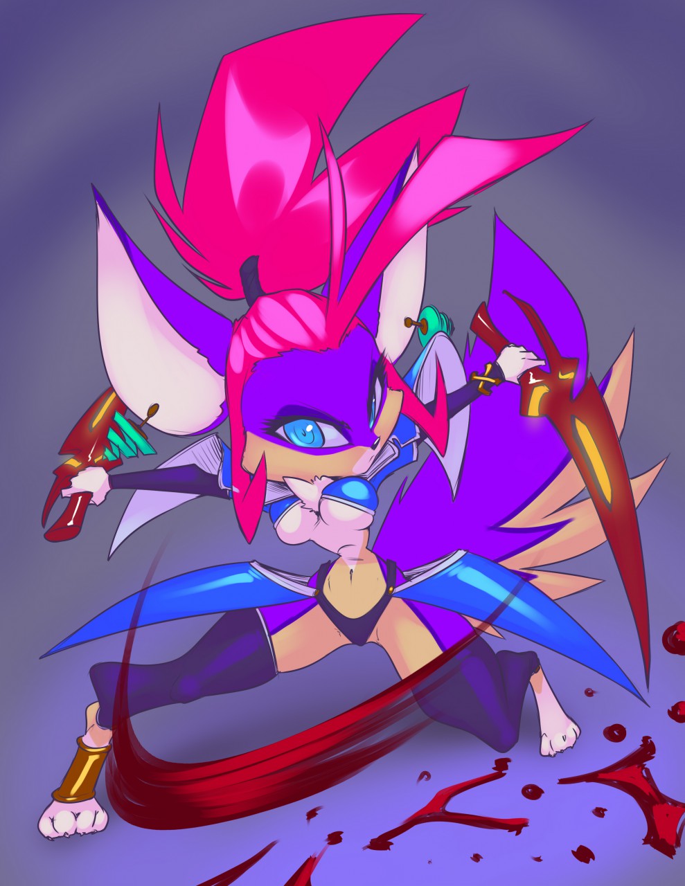 blood blue_eyes breasts canine clothed clothing dagger digitigrade ear_piercing female fox fur hair looking_at_viewer mammal piercing pink_hair purple_fur skimpy thefuckingdevil weapon