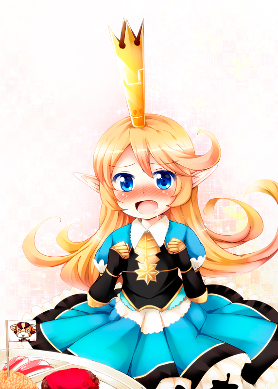 blonde_hair blue_eyes blush charlotta_fenia commentary_request crown drooling food granblue_fantasy juliet_sleeves long_hair long_sleeves open_mouth pointy_ears princess puffy_sleeves shirt skirt solo tekehiro very_long_hair