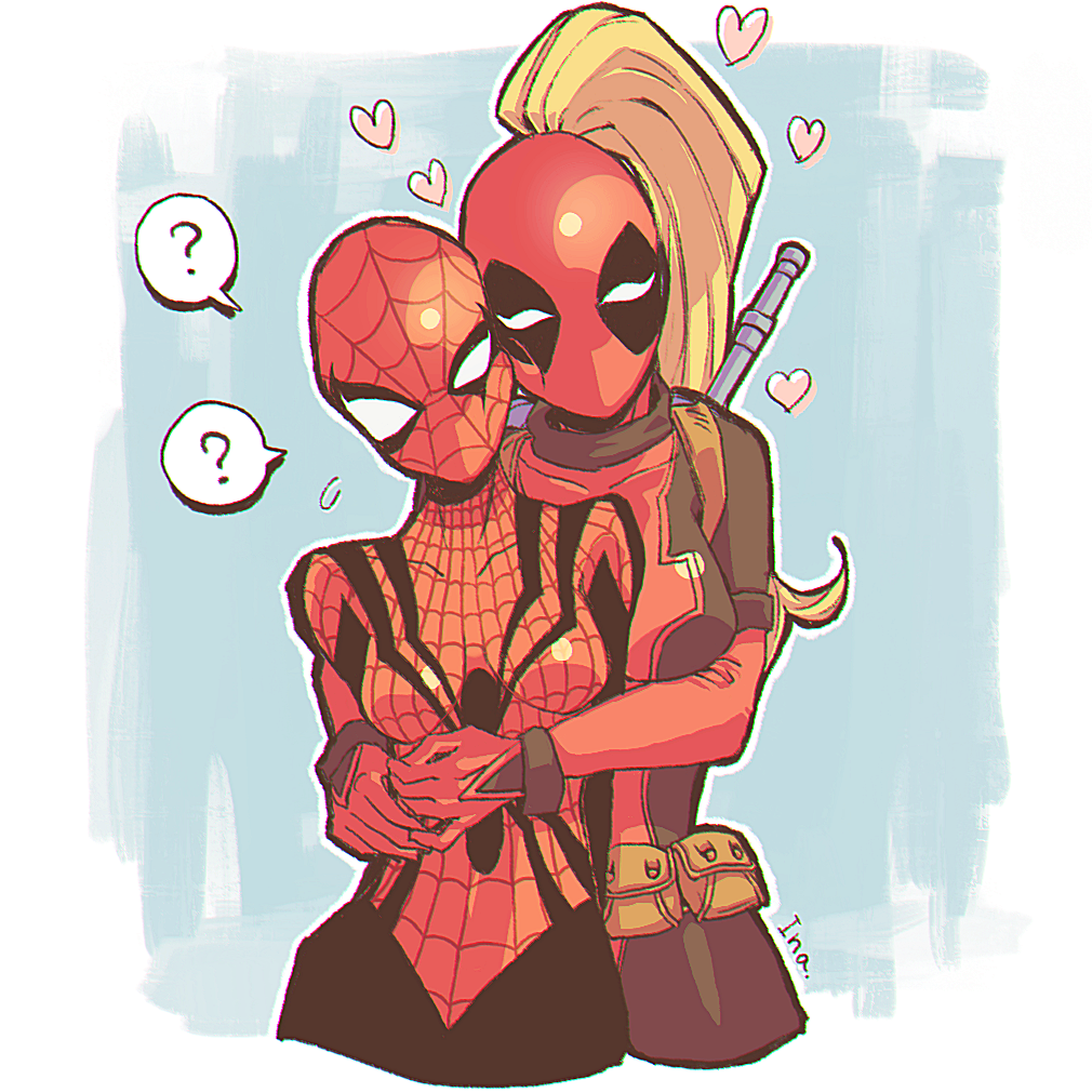 bodysuit deadpool gradient gradient_background heart hearts hug ina_(sldasl) lady_deadpool marvel mask masks multiple_girls ponytail spider-girl