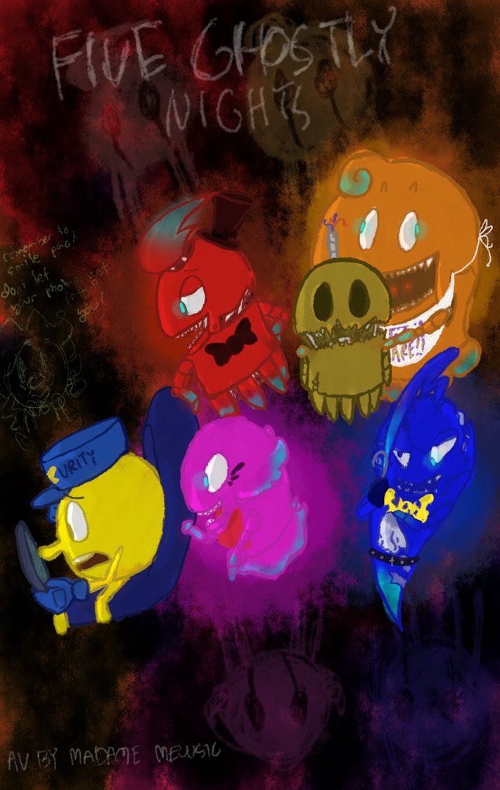artlovingcatgirl blinky blue_eyes clyde crossover digital_media_(artwork) female five_nights_at_freddy's group inky male open_mouth pac-man pac-man_(series) pac-man_and_the_ghostly_adventures pinky_(pac-man) plain_background smile text video_games