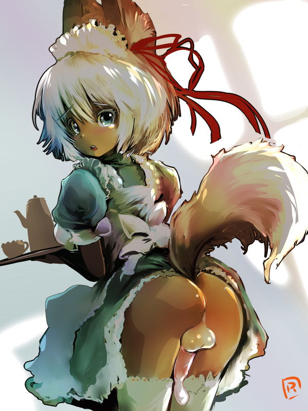 :o animal_ears blonde_hair blue_eyes bow coffee_pot commentary_request condom condom_filling condom_on_penis cum cup dress dress_lift fox_ears fox_tail from_behind hair_ribbon holding lace lace-trimmed_thighhighs looking_at_viewer looking_back maid maid_headdress male_focus no_panties open_mouth original otoko_no_ko penis presenting puffy_sleeves ribbon ryuno short_sleeves solo tail tears testicles thighhighs white_legwear