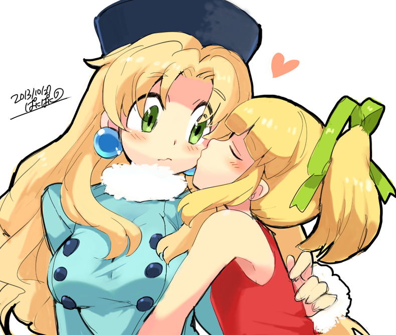 1girl 2girls bangs blonde_hair blue_coat blush buttons cheek_kiss coat dated earrings fur_hat fur_trim gloves green_eyes green_ribbon hair_ribbon hat heart iroyopon jewelry kalinka_cossack kiss long_hair multiple_girls ponytail ribbon rockman rockman_(classic) rockman_xover roll sidelocks signature smile