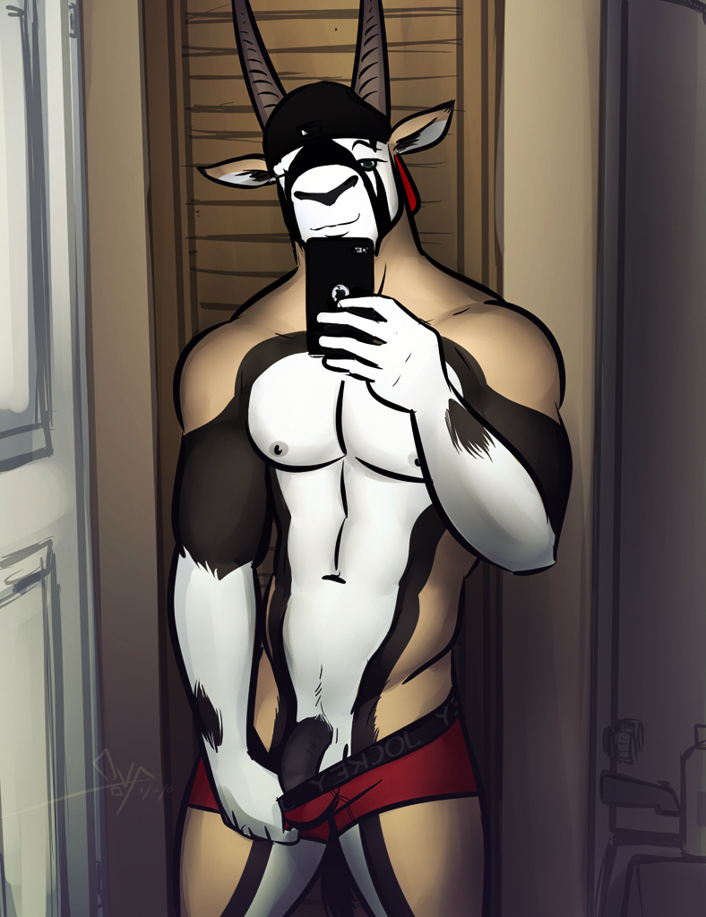 2015 antelope anthro antlers backwards_baseball_cap baseball_cap bathroom bgn biceps black_penis boxer_briefs briefs cellphone clothed clothing flaccid half-dressed hat horn iphone jamie_the_oryx male mammal muscles nipples oryx pecs penis phone presenting selfie solo topless underwear