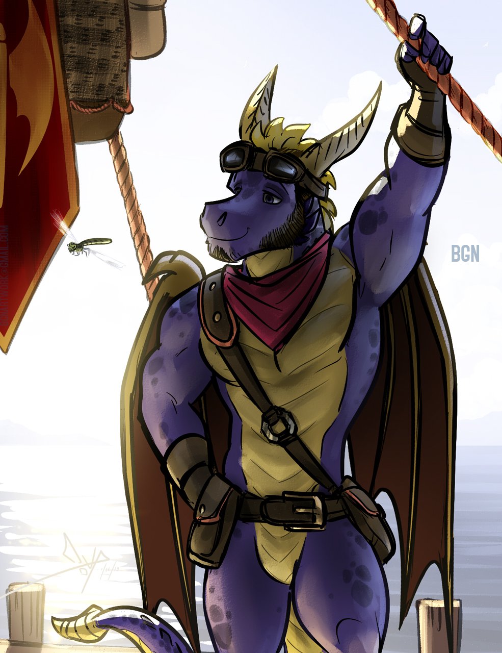 anthro arthropod bandanna belt bgn biceps clothing docks dragon dragonfly eyewear facial_hair featureless_crotch gloves goatee goggles hand_on_hip holding_object horn insect male mostly_nude muscular muscular_male pecs pouch purple_skin scales sideburns smile solo sparx spyro spyro_reignited_trilogy spyro_the_dragon standing video_games water yellow_scales