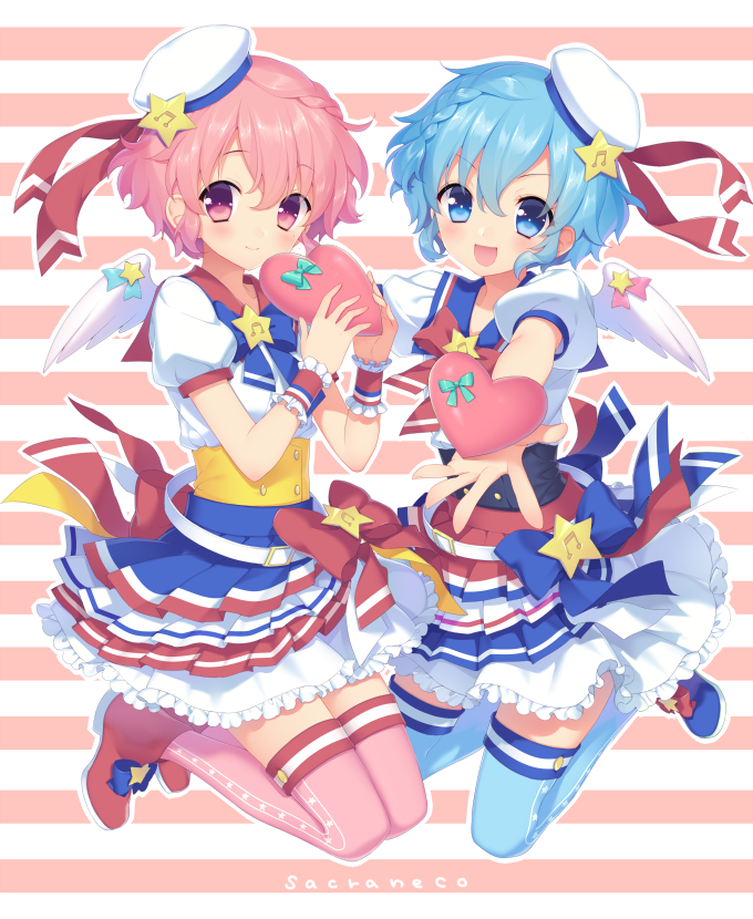 1girl :d artist_name beamed_eighth_notes belt bird_wings blue_bow blue_eyes blue_footwear blue_hair blue_legwear blush boots bow bowtie braid brother_and_sister commentary_request curly_hair dorothy_west frilled_skirt frills full_body hat heart holding idol layered_skirt leona_west looking_at_viewer mole mole_under_eye musical_note open_mouth otoko_no_ko outline outstretched_arm pink_eyes pink_hair pink_legwear pleated_skirt pretty_(series) pripara puffy_short_sleeves puffy_sleeves red_bow red_footwear sailor_collar sailor_hat sakura_neko short_hair short_sleeves siblings skirt smile star striped striped_background thighhighs twins white_wings wings wrist_cuffs