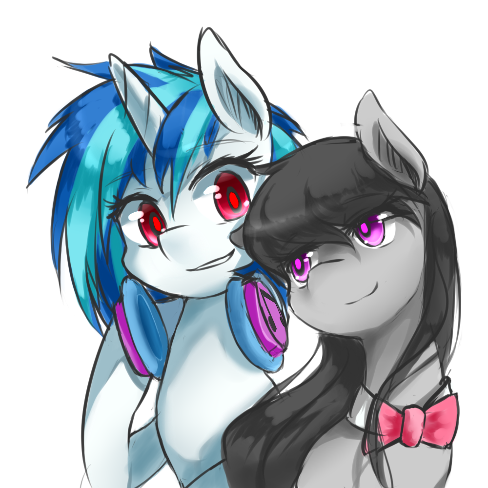 duo equine female feral friendship_is_magic headphones horn horse luciferamon mammal my_little_pony octavia_(mlp) plain_background purple_eyes red_eyes smile unicorn vinyl_scratch_(mlp) white_background