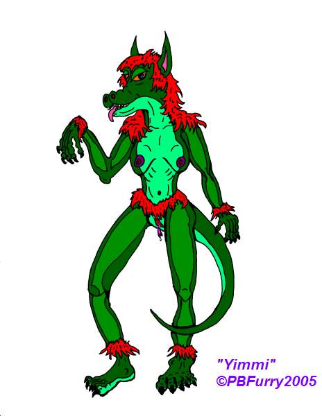 anthro breasts canine claws female fur hybrid lizard long_legs looking_at_viewer mammal nude red_fur reptile scalie smooth tongue waving wolf