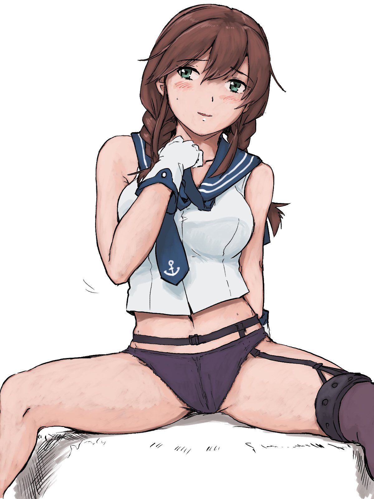 1girl arm_behind_back bare_arms blush braid breasts brown_hair collarbone garter_belt garter_straps gloves green_eyes hair_between_eyes hand_on_own_chest highres kantai_collection large_breasts looking_at_viewer midriff navel no_pants noshiro_(kantai_collection) panties parted_lips purple_legwear purple_panties sailor_collar simple_background single_garter_strap sitting sketch skindentation solo thighhighs twin_braids underwear upper_body vent_arbre white_background white_gloves