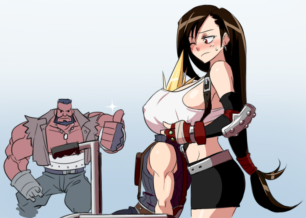 2boys barret_wallace between_breasts blonde_hair blush breast_smother breasts brown_hair cloud_strife commentary dark_skin final_fantasy final_fantasy_vii head_between_breasts head_under_clothes large_breasts long_hair low-tied_long_hair matsu-sensei md5_mismatch multiple_boys one_eye_closed red_eyes spiked_hair thumbs_up tifa_lockhart very_long_hair wheelchair