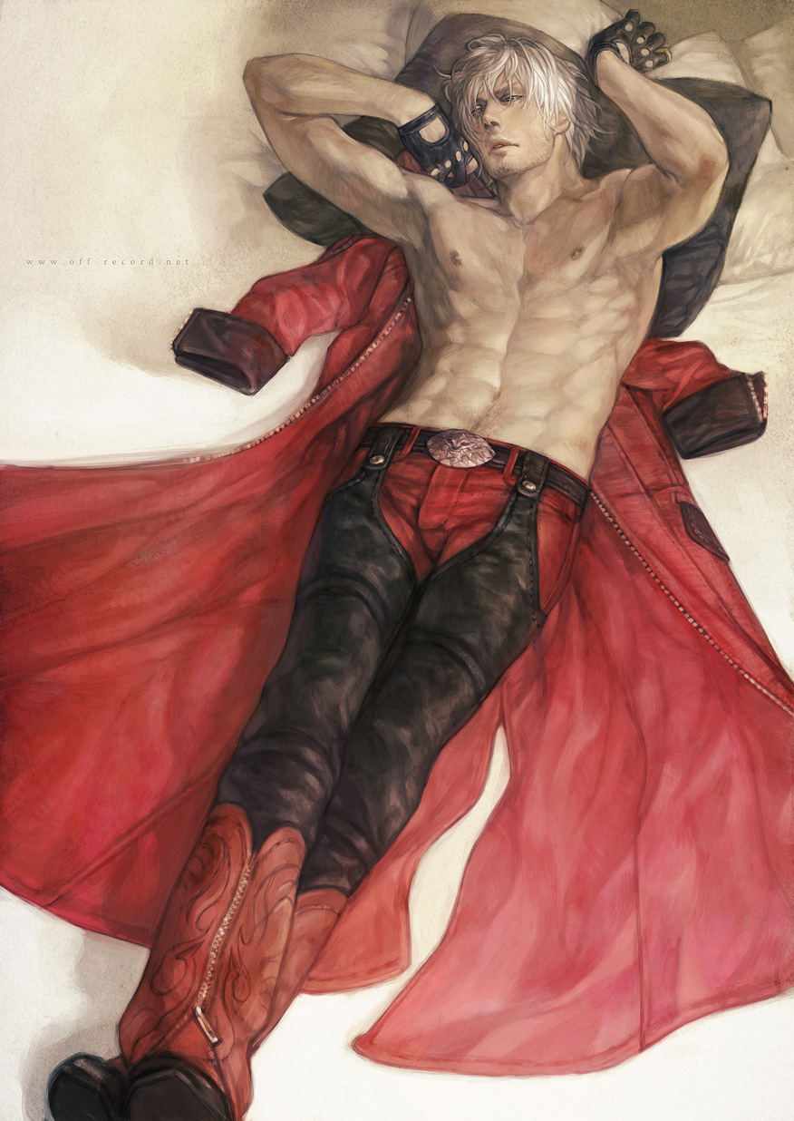 abs chaps dante_(devil_may_cry) devil_may_cry facial_hair fingerless_gloves gloves highres lying male_focus manly muscle navel_hair on_back rae realistic shirtless solo stubble white_hair zipper