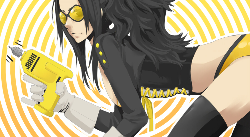 ass black_hair breasts buttons dr_naomi drill glasses gloves grasshopper_manufacture leaning_forward no_more_heroes panties spiral sunglasses thigh-highs thighhighs underwear