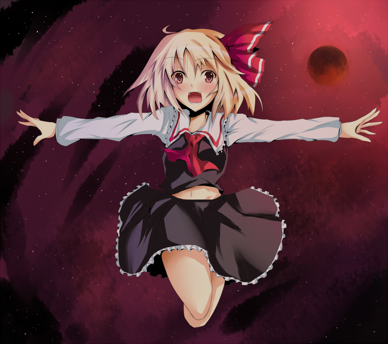 blonde_hair hair_ornament hair_ribbon midriff moon navel outstretched_arms ram_hachimin red_eyes red_moon ribbon rumia skirt solo spread_arms touhou