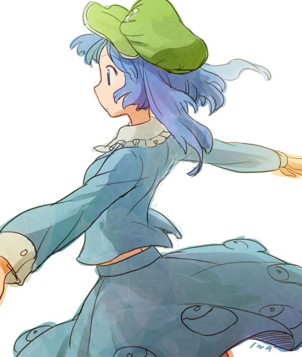 back blue_hair hat iwamoto_zerogo kawashiro_nitori outstretched_arms short_hair sketch solo spread_arms touhou twintails two_side_up