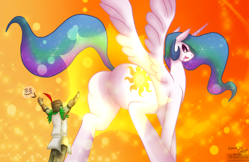 2015 butt colored crossover cutie_mark dark_souls duo equine female feral friendship_is_magic hair horn long_hair mammal multicolored_hair my_little_pony praise_the_sun presenting presenting_hindquarters princess_celestia_(mlp) raised_arm size_difference solaire_of_astora weasselk winged_unicorn wings