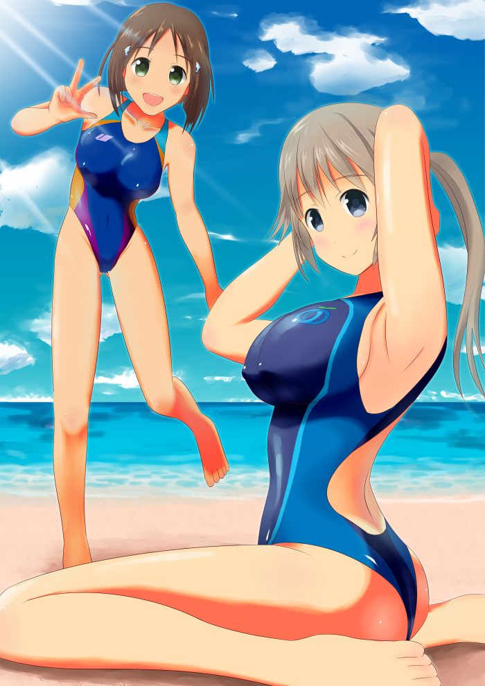 armpits arms_behind_head ass barefoot beach blue_eyes blue_sky blush breasts brown_hair cloud collarbone competition_swimsuit covered_navel covered_nipples day from_side green_eyes highleg highleg_swimsuit kawagoe_ibuki large_breasts light_brown_hair long_hair looking_at_viewer majikaru_bushi medium_breasts multiple_girls ocean one-piece_swimsuit open_mouth outdoors ponytail shibaguchi_konomi shiny shiny_clothes short_hair sideboob sitting skin_tight sky smile standing standing_on_one_leg sunlight swimsuit tetsudou_musume v wariza