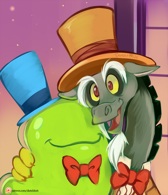 2015 bow_tie clothing discord_(mlp) draconequus ende fangs friendship_is_magic hat hug my_little_pony portrait red_eyes slime smile the_smooze_(mlp) top_hat tuxedo