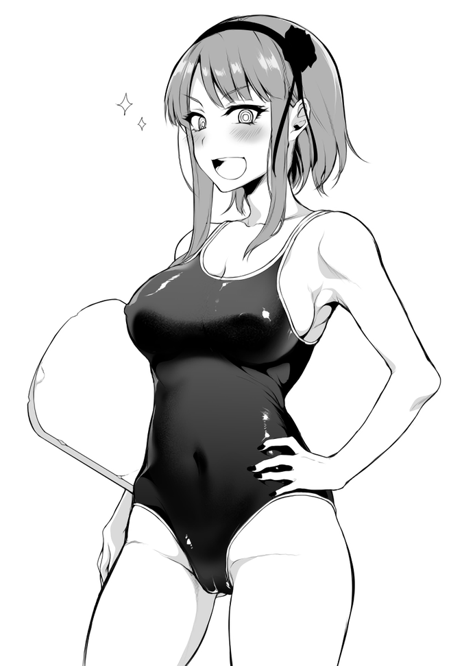 :d blush breasts cameltoe cleavage competition_school_swimsuit covered_navel covered_nipples cowboy_shot dagashi_kashi greyscale hairband hand_on_hip kickboard large_breasts looking_at_viewer monochrome nail_polish one-piece_swimsuit open_mouth pochi_(pochi-goya) shidare_hotaru short_hair sideboob simple_background smile solo sparkle swimsuit white_background