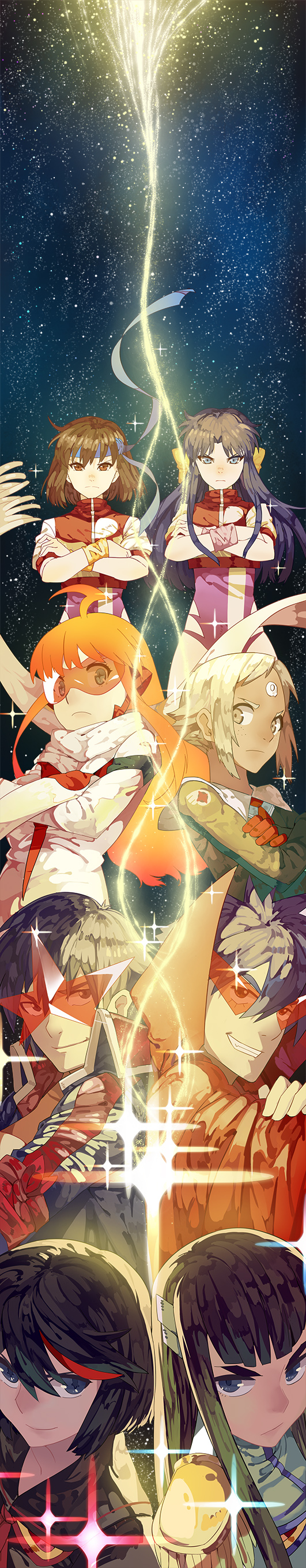 2boys 6+girls absurdres ahoge amano_kazumi black_hair blonde_hair blue_eyes bow brown_hair cape company_connection creator_connection crossed_arms dark_skin epaulettes facial_mark forehead_mark freckles gainax gunbuster_pose hair_bow headband highres kamina kamina_shades kill_la_kill kiryuuin_satsuki lal'c_mellk_mal leotard long_hair long_image looking_at_viewer matoi_ryuuko multicolored_hair multiple_boys multiple_girls nanaya_(daaijianglin) nono_(top_wo_nerae_2!) orange_hair red_hair scarf short_hair simon smile sparkle star_(sky) takaya_noriko tall_image tengen_toppa_gurren_lagann top_wo_nerae! top_wo_nerae_2! two-tone_hair