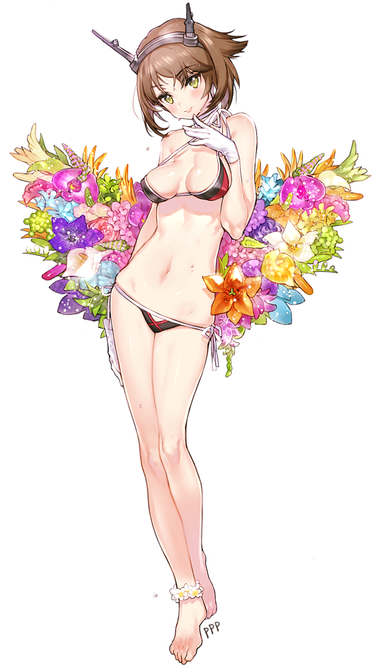 banned_artist barefoot bikini blush breasts brown_hair cleavage floral_background flower flower_anklet full_body gloves green_eyes hairband headgear kantai_collection kissai legs_together medium_breasts mutsu_(kantai_collection) navel orchid short_hair side-tie_bikini simple_background smile solo standing sweat swimsuit white_background white_gloves