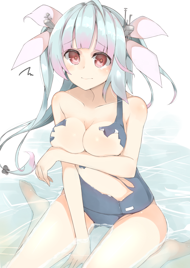 blue_hair breasts cole covering covering_breasts hair_ribbon i-19_(kantai_collection) kantai_collection large_breasts long_hair ocean one-piece_swimsuit red_eyes ribbon school_swimsuit sitting solo star star-shaped_pupils swimsuit symbol-shaped_pupils tears torn_clothes twintails wariza water