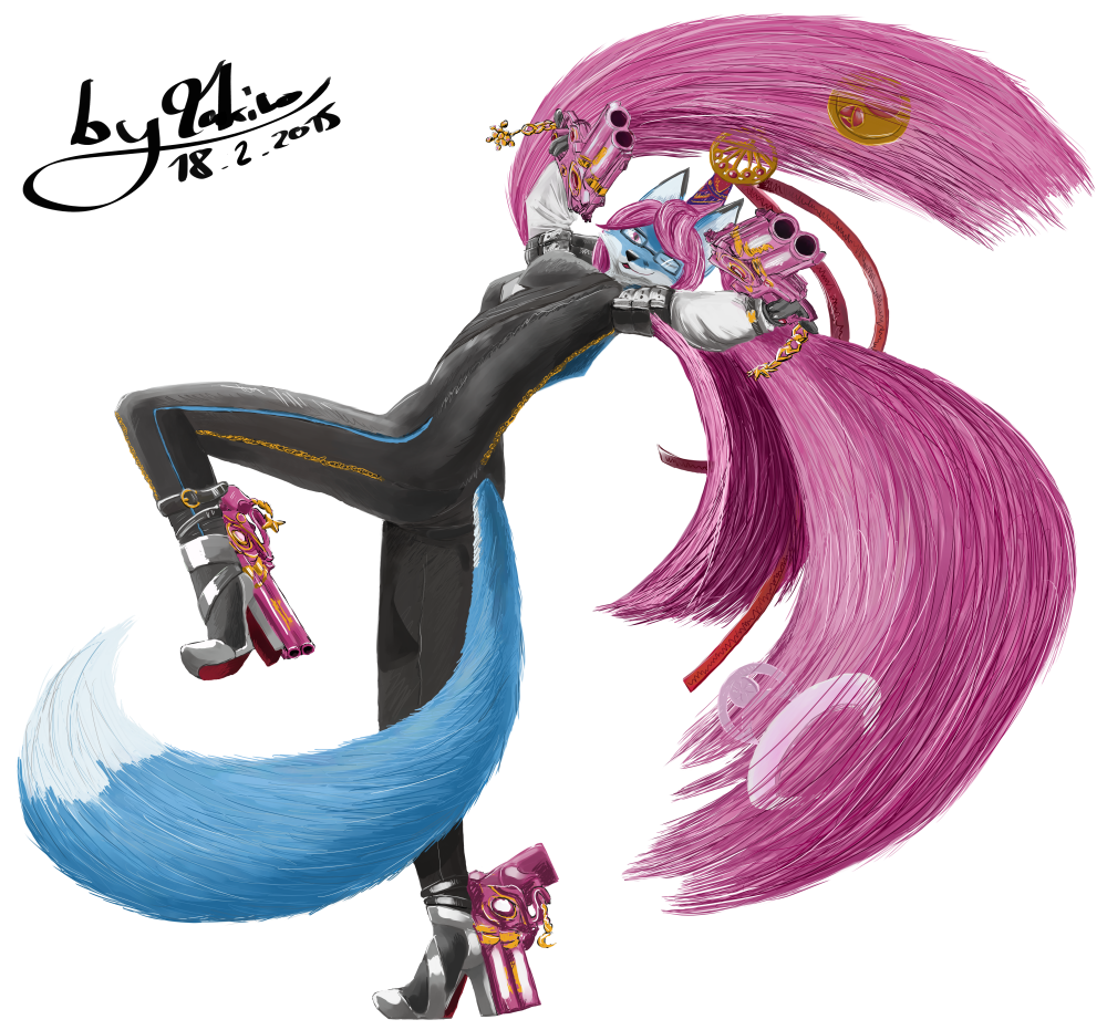 2015 alpha_channel anthro bayonetta blue_fur breasts canine clothed clothing cosplay eyewear female fox fur glasses gun hair long_hair looking_at_viewer mammal pink_hair plain_background pose ranged_weapon solo takiro transparent_background weapon white_fur
