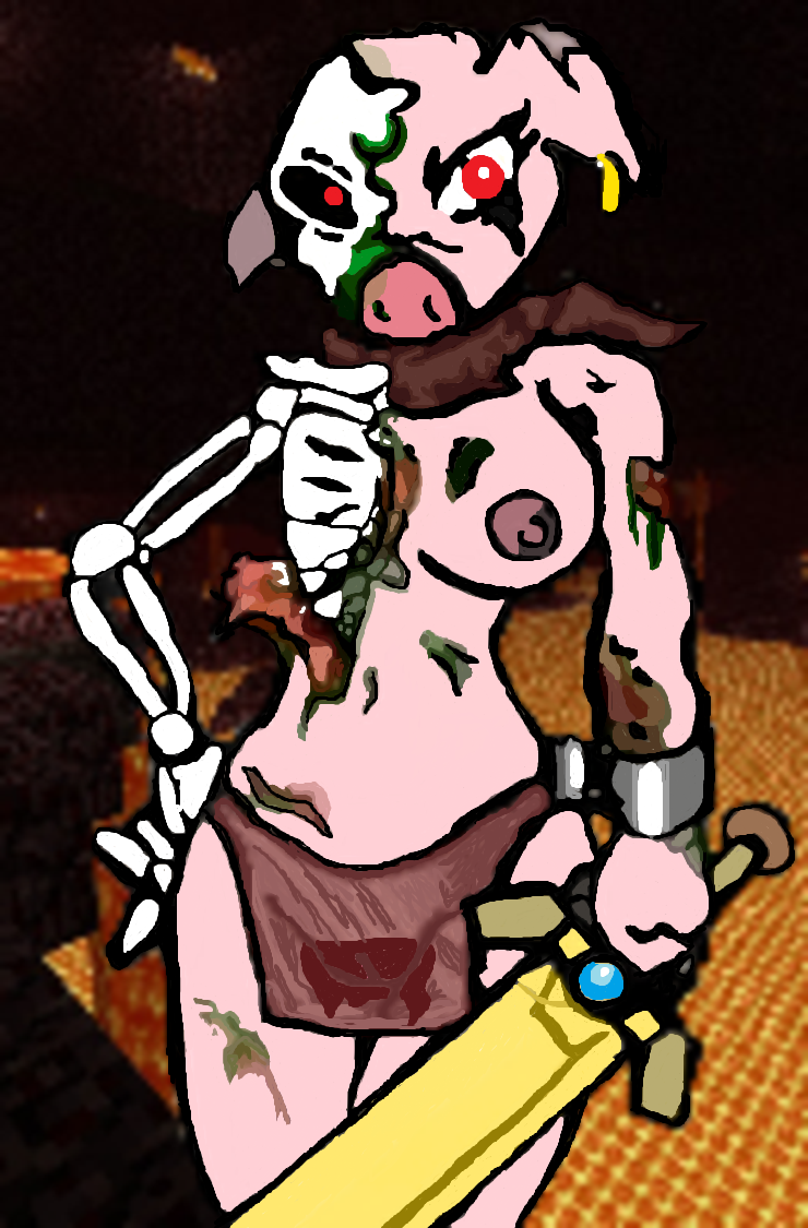 anthro clothed clothing female half-dressed lava mammal melee_weapon minecraft mutantnight pig porcine red_eyes solo sword undead video_games weapon zombie zombie_pigman