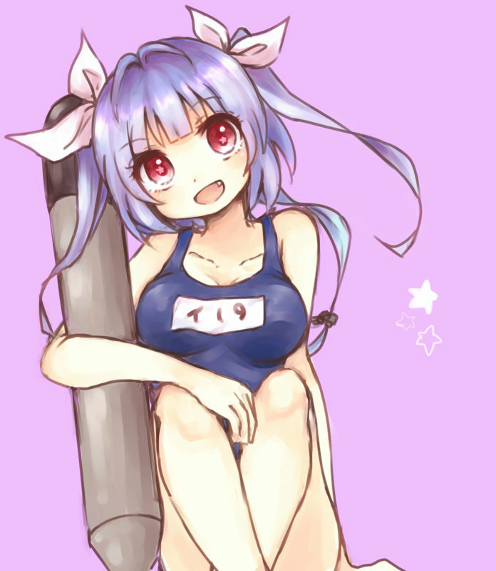 :d antenna_hair bare_shoulders blue_hair collarbone fang hair_ribbon head_tilt i-19_(kantai_collection) iipoyo_(364poyo) kantai_collection looking_at_viewer one-piece_swimsuit open_mouth pink_background red_eyes ribbon school_swimsuit smile star star-shaped_pupils swimsuit symbol-shaped_pupils tareme torpedo tri_tails