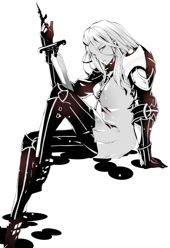 bad_id bad_pixiv_id character_request gauntlets greyscale jewelry long_hair looking_at_viewer monochrome necklace ozma_mow_gracious shoulder_armor simple_background sitting solo spaulders sword tactics_ogre weapon white_background yosimura