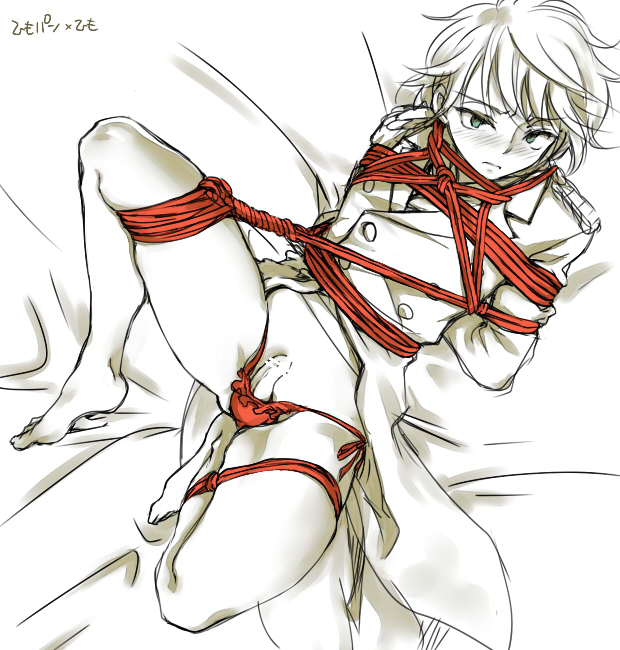 aldnoah.zero arms_behind_back bad_id bad_pixiv_id bangs bar_censor barefoot bdsm bed_sheet blue_eyes blush bondage bound buttons censored coat cravat epaulettes erection frogtie frown jacket legs_folded little_penis long_jacket long_sleeves looking_away lying male_focus military_jacket no_pants on_back panties penis penis_in_panties point_g red_panties rope side-tie_panties slaine_troyard solo spot_color spread_legs underwear