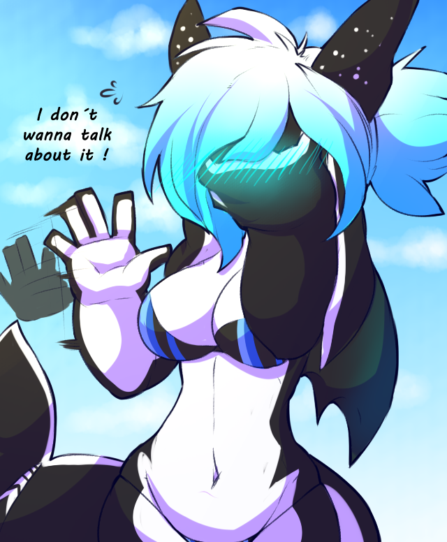 anthro bikini blue_hair blush breasts cetacean cleavage clothed clothing dragon embarrassed facepalm female hair hybrid mammal marine multicolored_hair orca penelope rainbowscreen solo swimsuit two_tone_hair waving whale wings