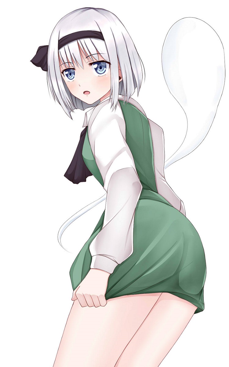 ascot bad_id bad_pixiv_id black_hairband blue_eyes from_behind hairband highres hitodama jpeg_artifacts konpaku_youmu konpaku_youmu_(ghost) long_sleeves looking_at_viewer looking_back open_mouth shirt short_hair silver_hair simple_background skirt skirt_set skirt_tug solo touhou vest wendell white_background