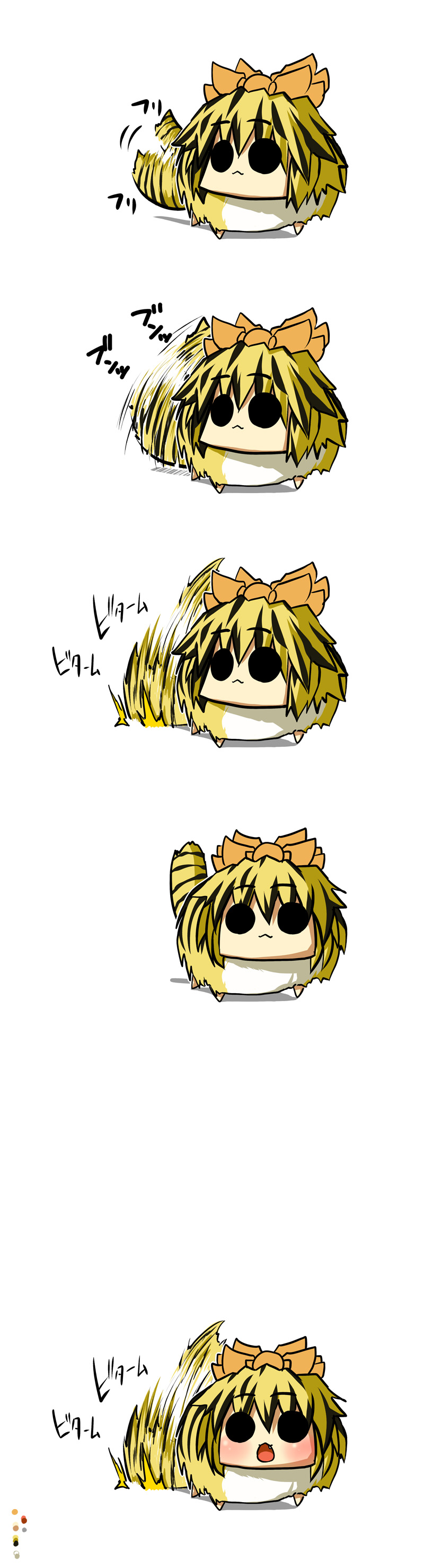 absurdres blonde_hair comic genb hair_ornament highres multiple_girls no_nose short_hair silent_comic tail tail_wagging toramaru_shou toramaru_shou_(tiger) touhou translated