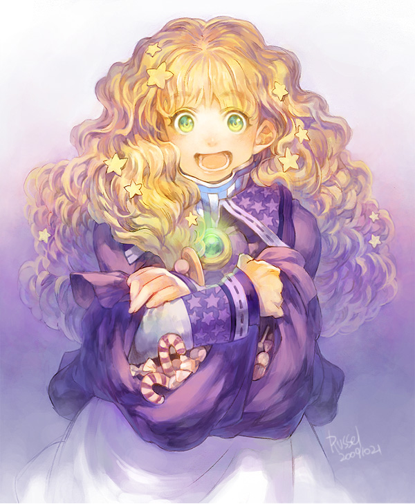 2009 :d bad_id bad_pixiv_id blonde_hair brooch candy candy_cane curly_hair dated food green_eyes hair_ornament hakou_(barasensou) halloween jewelry long_hair looking_at_viewer open_mouth original ribbon-trimmed_clothes ribbon_trim smile solo star star_hair_ornament star_print