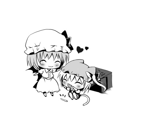 animal_ears bad_id bad_pixiv_id bat_wings cat_ears cat_tail chibi flandre_scarlet greyscale hanahanamaki kemonomimi_mode monochrome multiple_girls one_side_up remilia_scarlet siblings sisters tail touhou wings