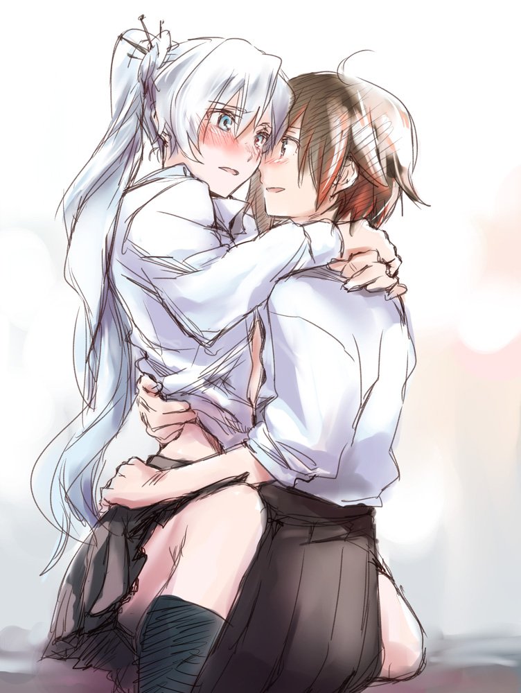 2girls ahoge arms_around_neck bangs black_hair black_legwear blue_eyes blush brown_hair couple dress_shirt eye_contact eyebrows_visible_through_hair facing_another gradient_hair hand_on_another's_hip hand_on_hip happy highres hug kneehighs long_hair looking_at_another multicolored_hair multiple_girls on_lap on_person open_clothes open_shirt parted_lips ponytail red_hair ruby_rose rwby school_uniform shirt short_hair shy silver_eyes sitting sitting_on_lap sitting_on_person sketch skirt smile socks tongue tsuta_no_ha two-tone_hair weiss_schnee white_hair yuri