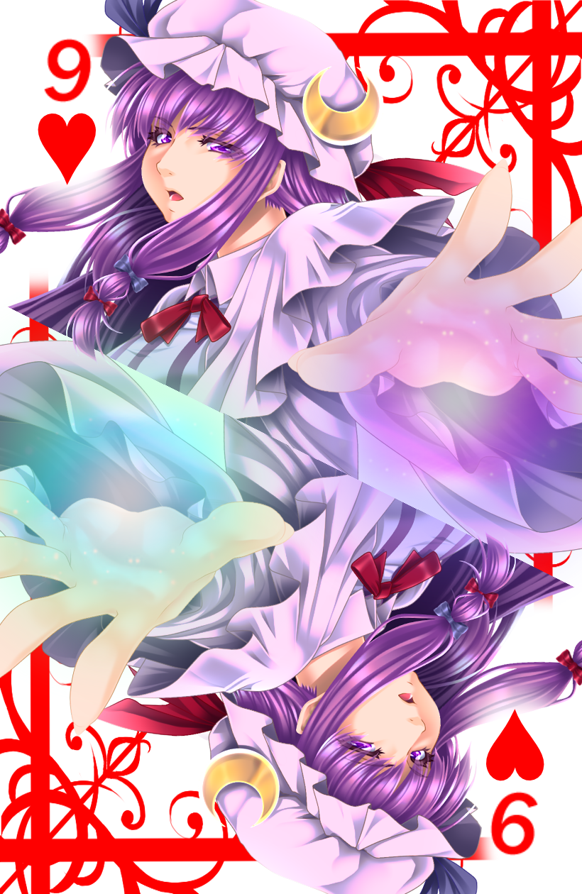 bow card card_(medium) crescent hair_bow hat hat_ribbon highres long_hair looking_at_viewer multiple_views parted_lips patchouli_knowledge playing_card purple_eyes purple_hair reaching_out ribbon rotational_symmetry touhou yoiti