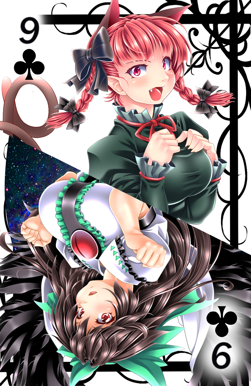 animal_ears bow bowtie braid breast_squeeze breasts card card_(medium) cat_ears cat_girl cat_tail fangs hair_bow highres kaenbyou_rin large_breasts looking_at_viewer multiple_girls open_mouth parted_lips playing_card reiuji_utsuho ribbon rotational_symmetry smile tail third_eye touhou twin_braids yoiti