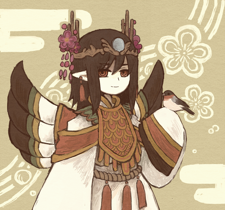 al_bhed_eyes artificial_wings bird brown_hair flower_ornament light_smile long_sleeves original pale_skin pointy_ears satsumai sidelocks solo tiara upper_body wide_sleeves wings