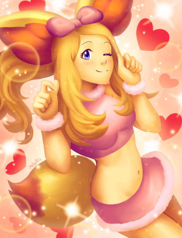 blonde_hair blush bow breasts cosplay crop_top fennekin_(cosplay) gradient gradient_background long_hair midriff miniskirt navel nintendo one_eye_closed pokemon pokemon_(anime) pokemon_xy serena_(pokemon) skirt smile wink wristband